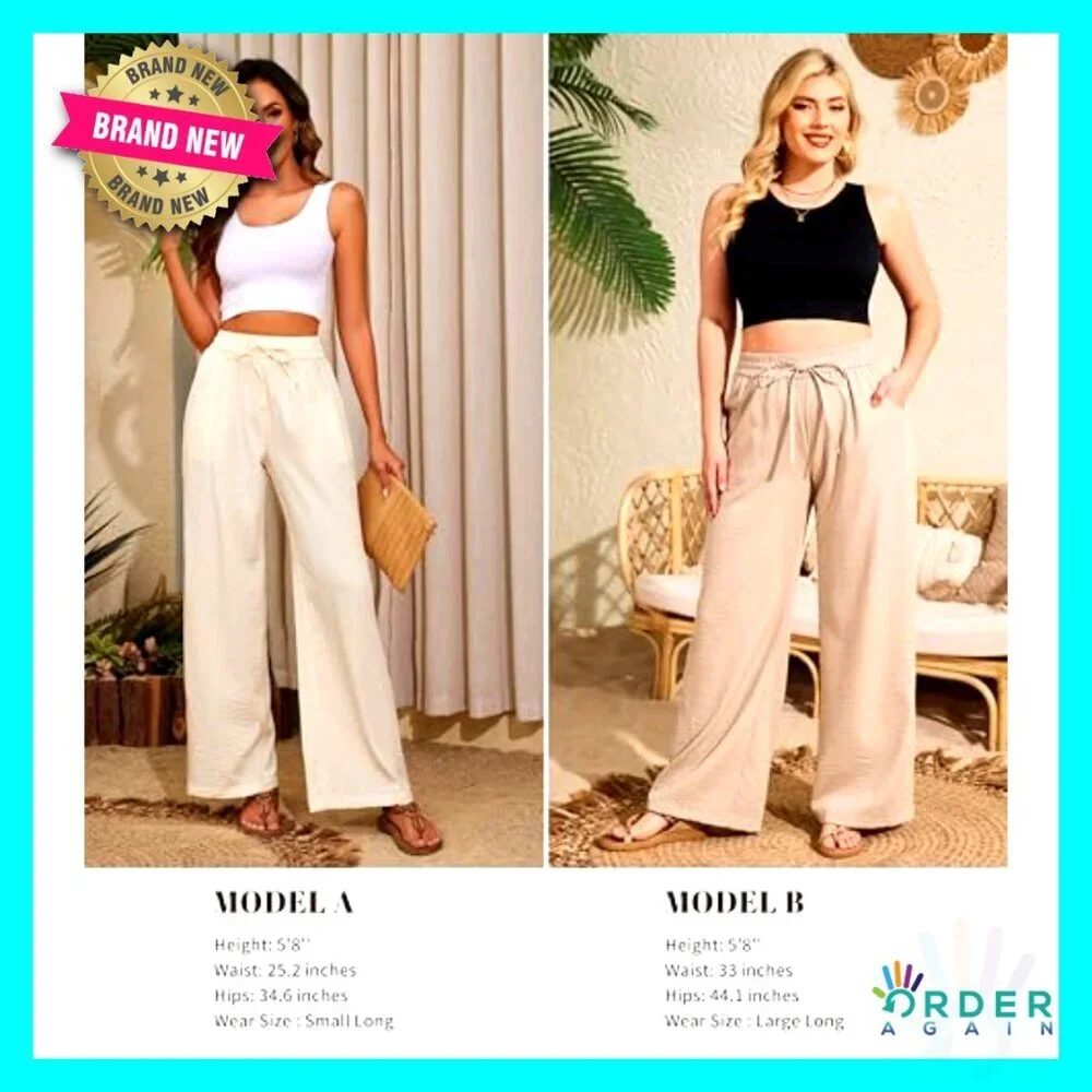 Flowy Wide Leg Palazzo Pants Loose Fit Drawstring Waist with Pockets